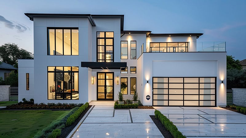 modern two story architectural style home, white and black exterior with large windows, glass paneled garage door, concrete driveway, yard lanterns, evening lighting.