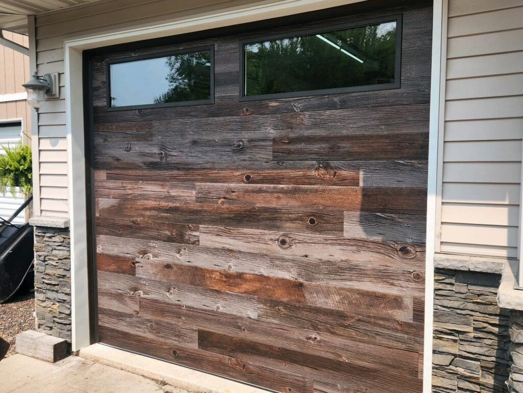 clopay modern steel barnwood plank with long plain windows